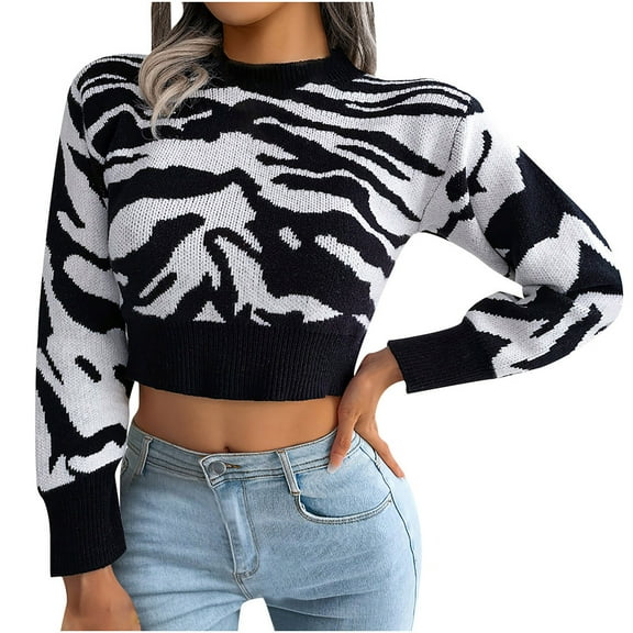 Womens Fall Fashion 2022! QLEICOM Sweaters for Women, Women's Fashion Casual Printed Long Sleeve Cropped Navel Knit Sweater Short Crew Neck Sweater On Clearance