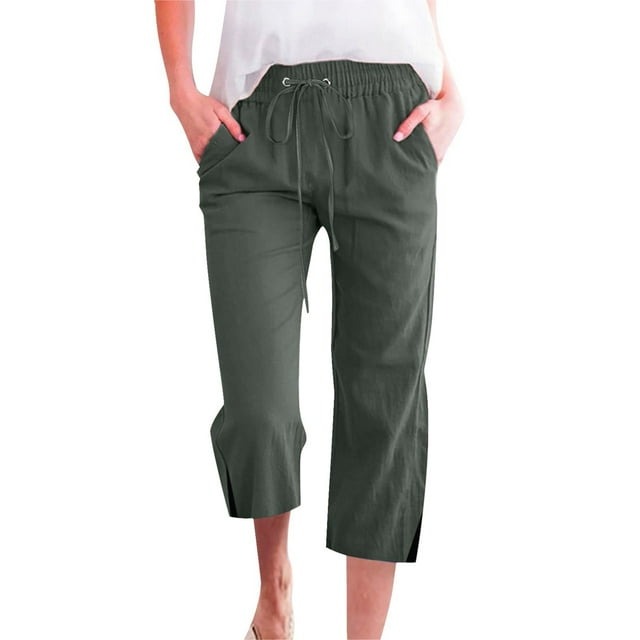 Women Spring And Summer Solid Color Pocket Drawstring And Linen Casual Loose Straight Slit Home Cropped Pants