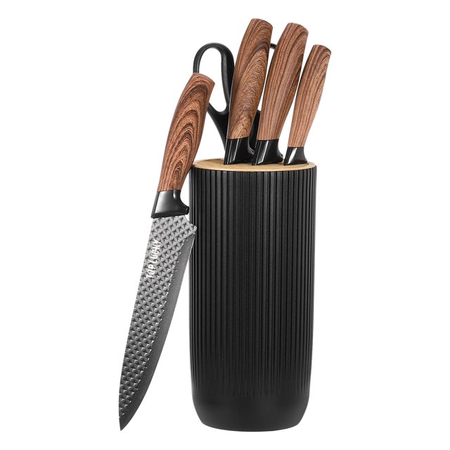 Unique Bargains Kitchen Knife Set with Block, 6 Pcs Stainless Steel Knife Block Set for Chefs, Black