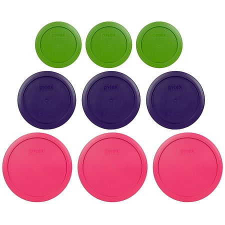 Pyrex Replacement Lid (3) 7200-PC 2-Cup Lawn Green, (3) 7201-PC 4-Cup Plum Purple, and (3) 7402-PC 6/7-Cup Fuchsia Round Cover Combo, Bowls Sold
