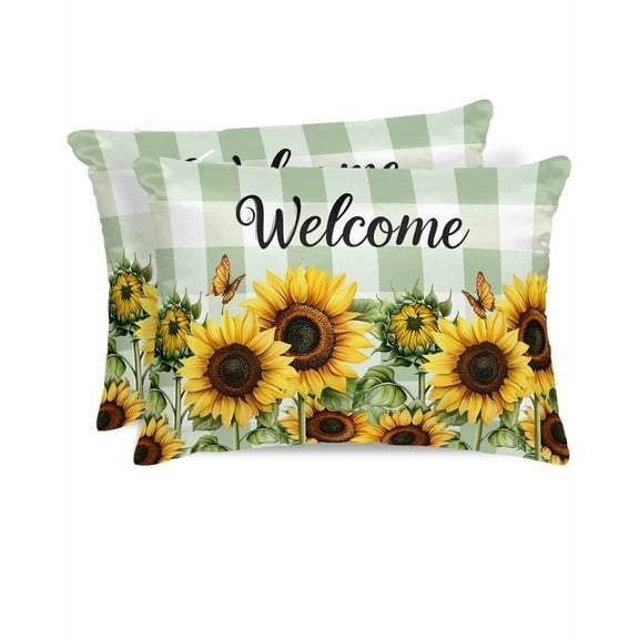 Hokiten King Size Pillow Cases Set of 2, Pillow Covers for Bed, Sunflower Satin Pillowcases with Zipper for Hair/Skin, Summer Botanical Floral Sage Green Plaid Welcome 20x36 Inches