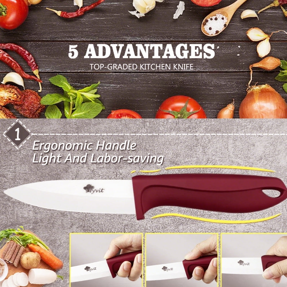MYVIT Ceramic Knife Set for Kitchen, 11 Piece Fruit Cutting Knife Sharp Paring Knife with Blade Guards and Gift Box,3" 4" 5" Paring,6" Chef & 6" Serrated Bread Knife,Dishwasher Safe,Red