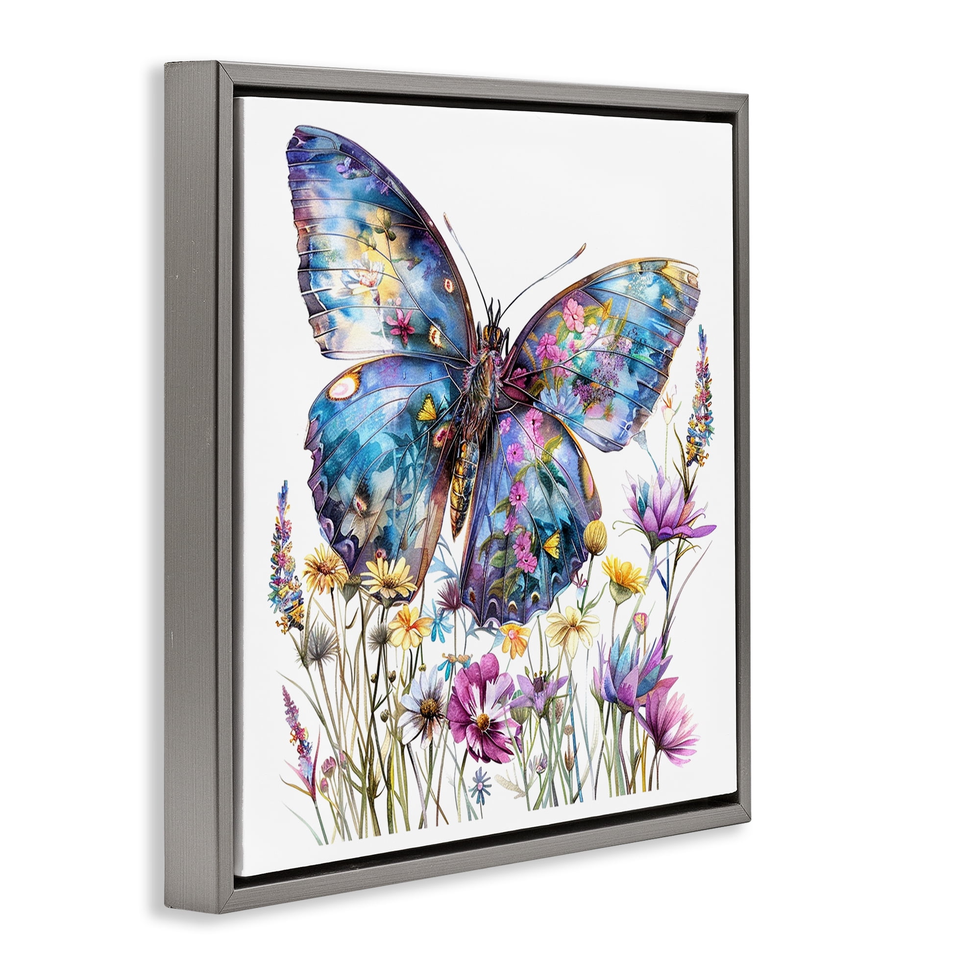 Stupell Industries Spring Garden Butterfly Insects Painting Gray Floater Framed Canvas Art Print Wall Art, 18 x 18