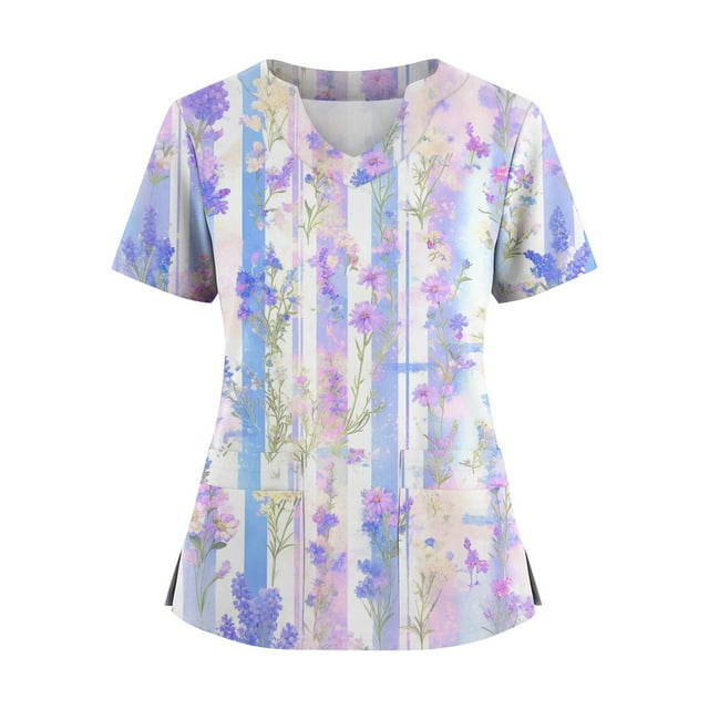 Ktyne Hauts de Sarrau pour Femmes Col en V Hauts de Sarrau Médicaux Manches Courtes Extensibles Uniforme d'Infirmière Tendance Haut de Sarrau avec Poche Violet XXXXXL