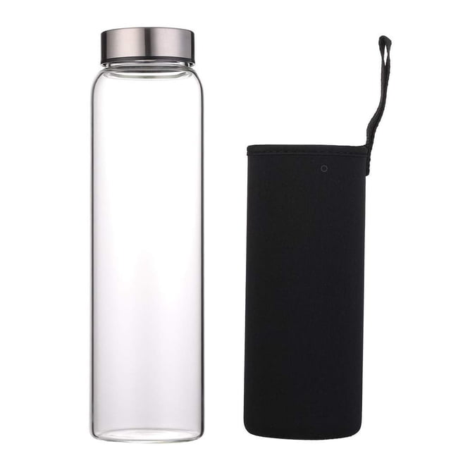 Botella de agua de vidrio de 1000 ml de alto borosilicato con funda de neopreno, tapa a prueba de fugas, reutilizable, ecológica