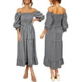 thumbnail image 5 of hirigin Inevnen Women's Boho Flowy Cottagecore Puff Sleeve Off The Shoulder Summer Casual Plaid Ruffle Midi Long Dress, 5 of 7