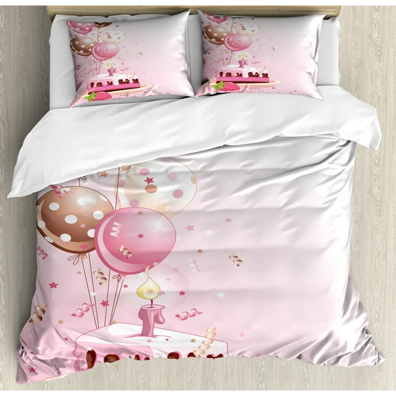 Ambesonne Pink Duvet Cover Set, Strawberry Cake Balloons, King, Pink Tan Cream
