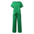 thumbnail image 4 of Duoif Womens Summer Outfits Women's Two Piece Outfits Irregular Short Sleeve Crew Neck Pullover Top Elastic Waist Wide Leg Pull on Pants Set with Pockets Pant Suits for Women Dressy Green M, 4 of 8