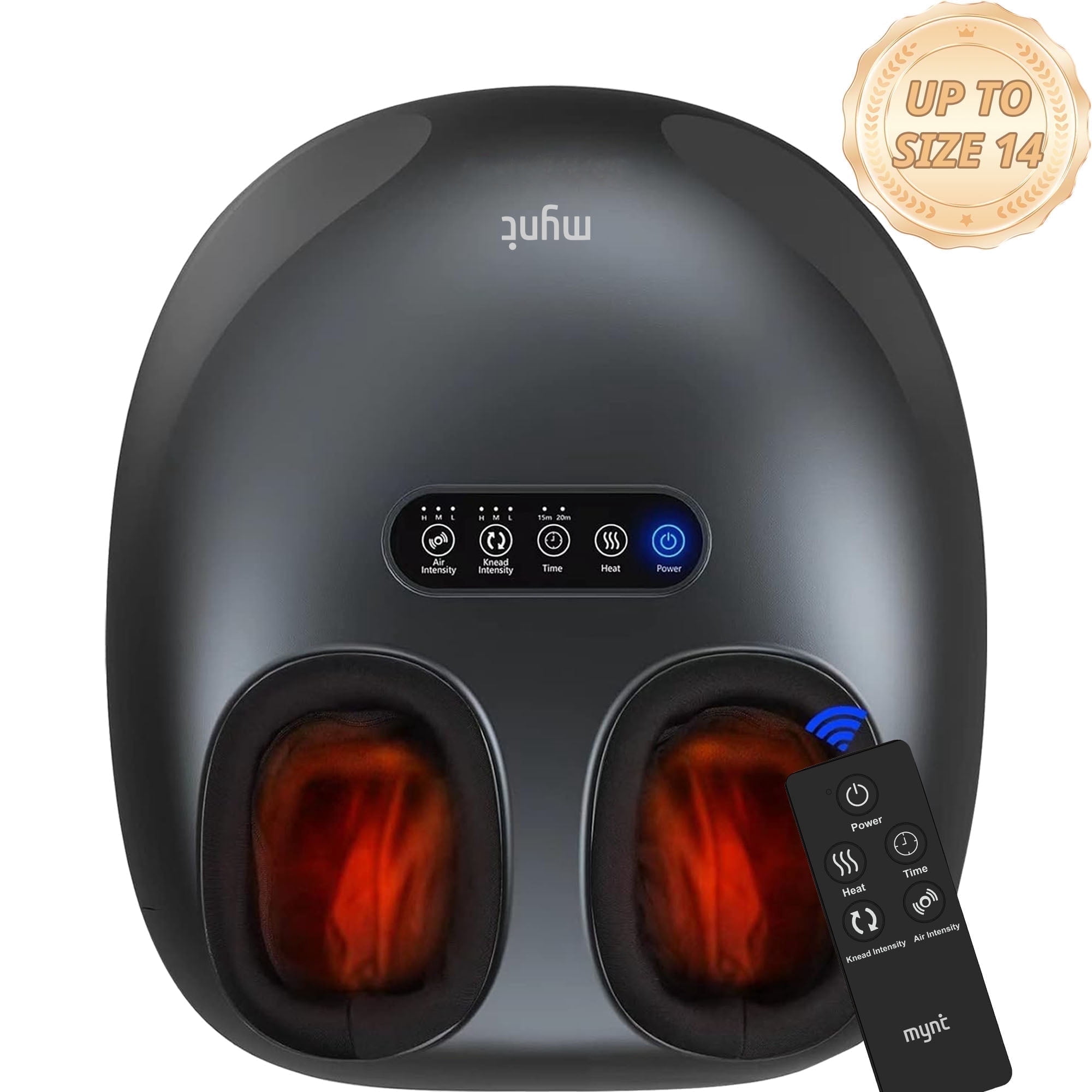 MYNT Foot Massager with Heat, Shiatsu Foot Massage with Remote, Kneading & Rolling, Air Compression, Black