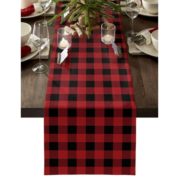 Ldtrchee Red Black Buffalo Check Table Runner 72 Inches, Rustic Modern Art Green Plaid Bed Runner Dresser Scarves Tabletop for Indoor Outdoor Parties/Ceremony/Banquet, 18" x 72"