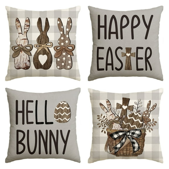 Sm:)e Hello Bunny Happy Easter Throw Pillow Covers, 18 x 18 Inch Brown Rabbit Cushion Case Decoration for Sofa Couch Set of 4