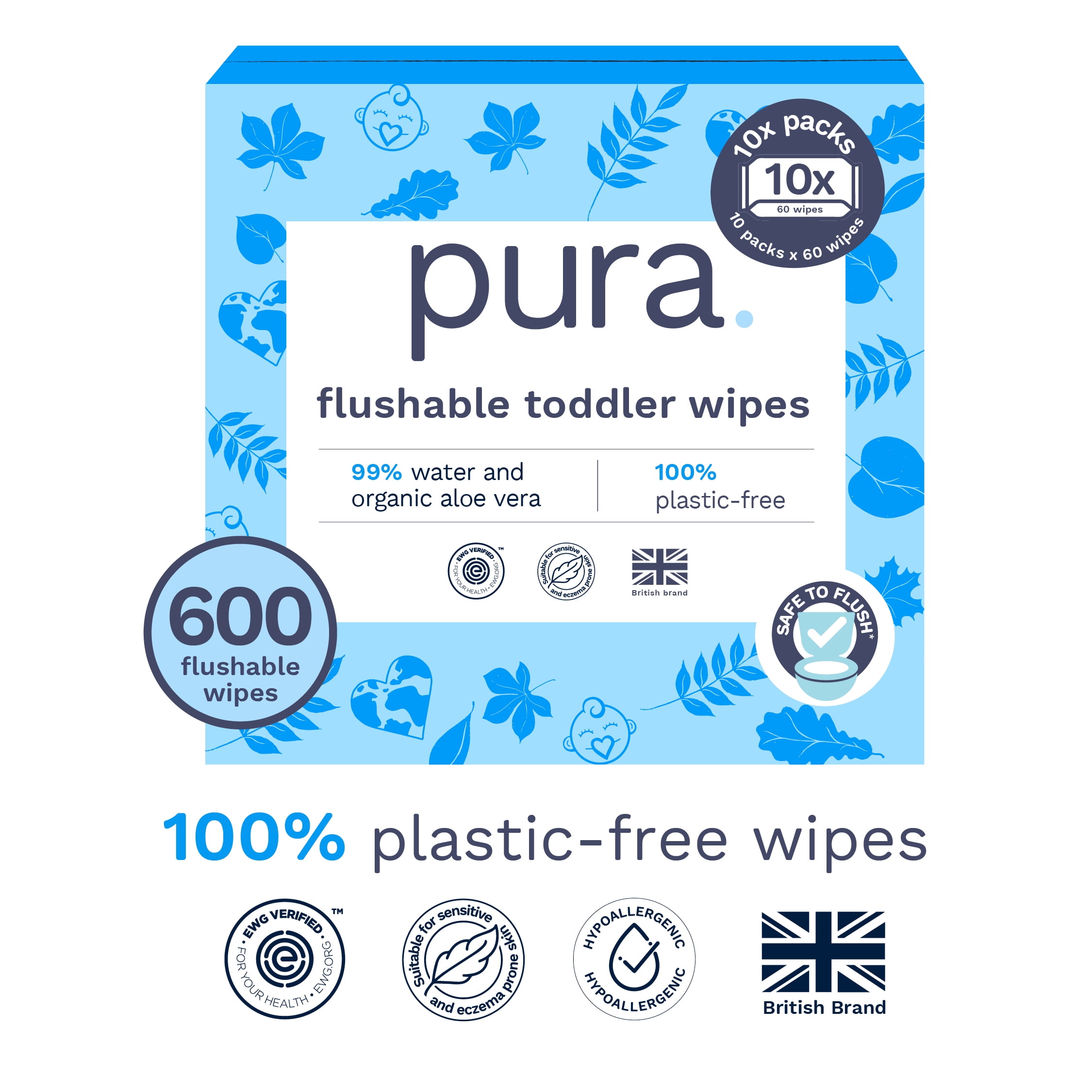 Pura Flushable Toddler Wipes Fragrance Free EWG Verified Plastic Free , 600ct (Choose Your Count)