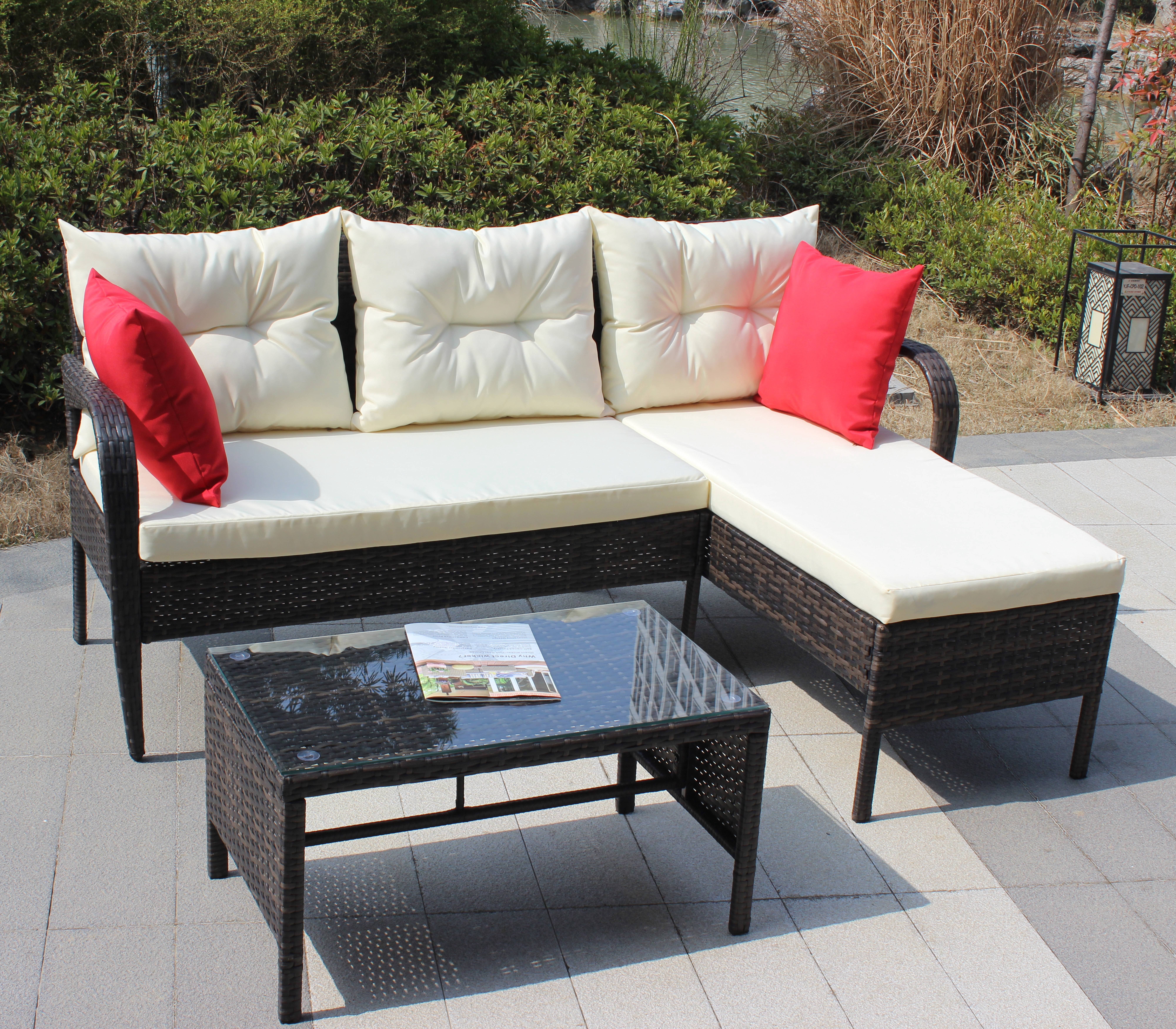 3 Piece Patio Furniture Set, All-Weather Outdoor Sectional Sofa Set, PE Rattan Conversation Set with Table & Cushions, Wicker Furniture Couch Set for Patio Deck Garden Poolside Yard