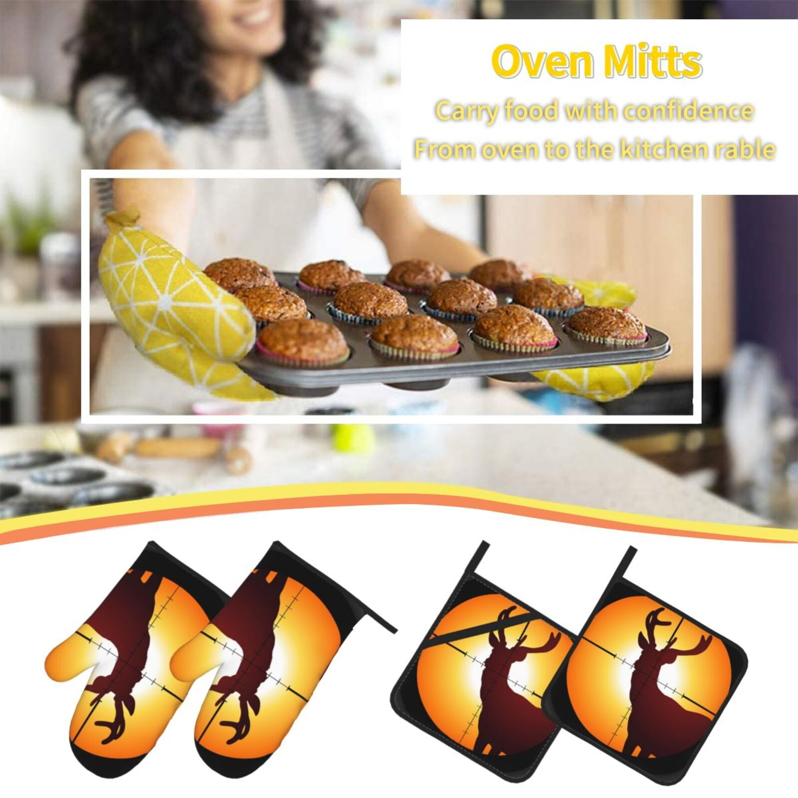 Target Deer Elk Hunting 4Pcs Oven Mitts and Pot Holders Sets Oven Kitchen Gloves Hot Pads for Cooking BBQ Baking Grilling