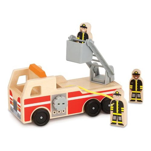 melissa & doug wooden fire truck with 3 firefighter play figures