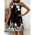 thumbnail image 4 of Black And White Womens Halter Neck Sleeveless A-Line Mini Dress With Floral Print, Elegant Summer Style, 4 of 6
