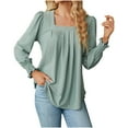 thumbnail image 2 of qILAKOG Women's Casual Tops Womens Square Neck Long Sleeve Pleated Hem Ladies Fall Pullovers Blouses Shirt Top Women Autumn Long-Sleeve T-Shirt, Green&XL, 2 of 4