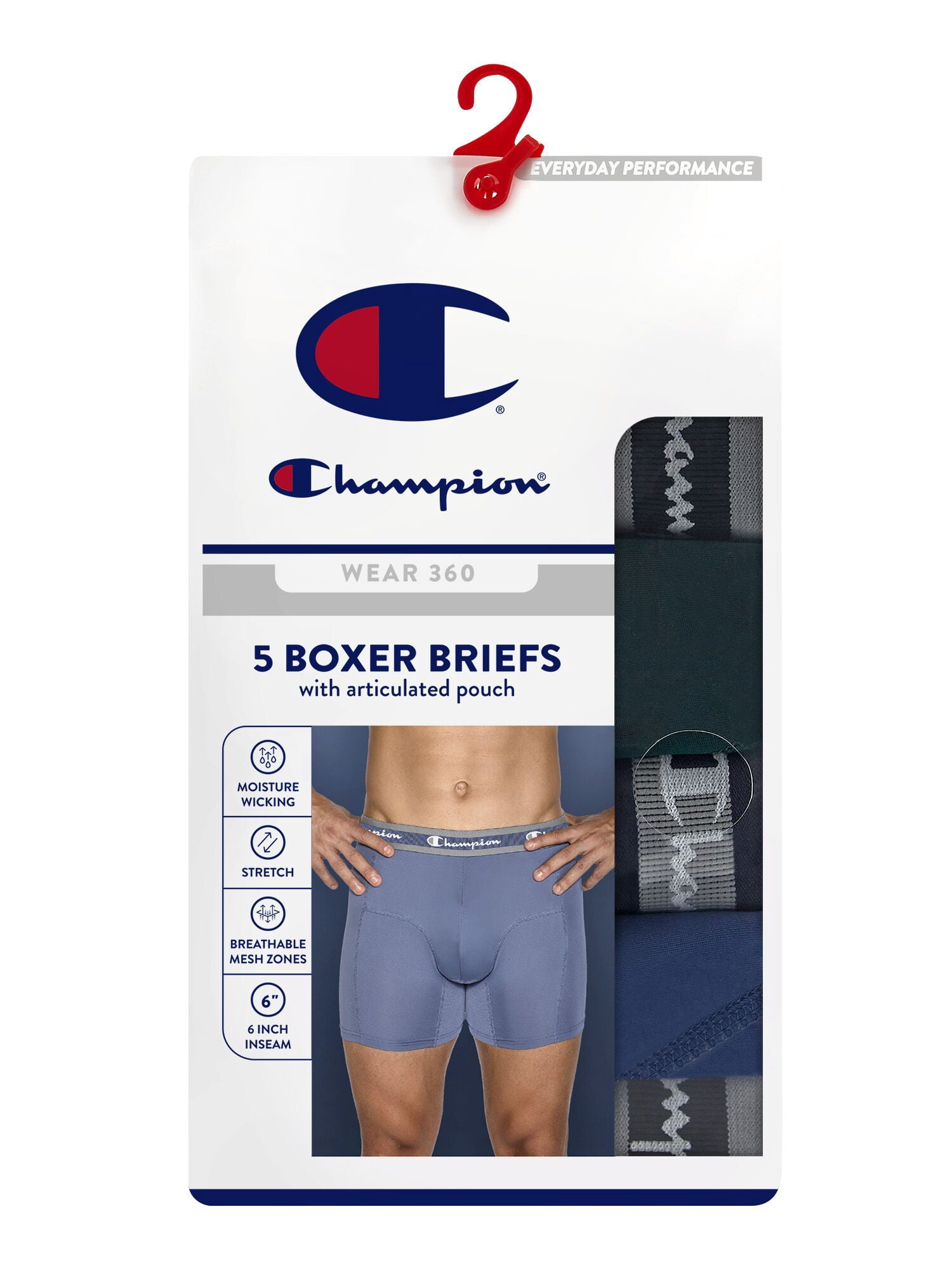 Champion Men’s Boxer Briefs – 5 Pack Wear360 Underwear, Moisture-Wicking, Articulated Shaping, Sizes S–2XL