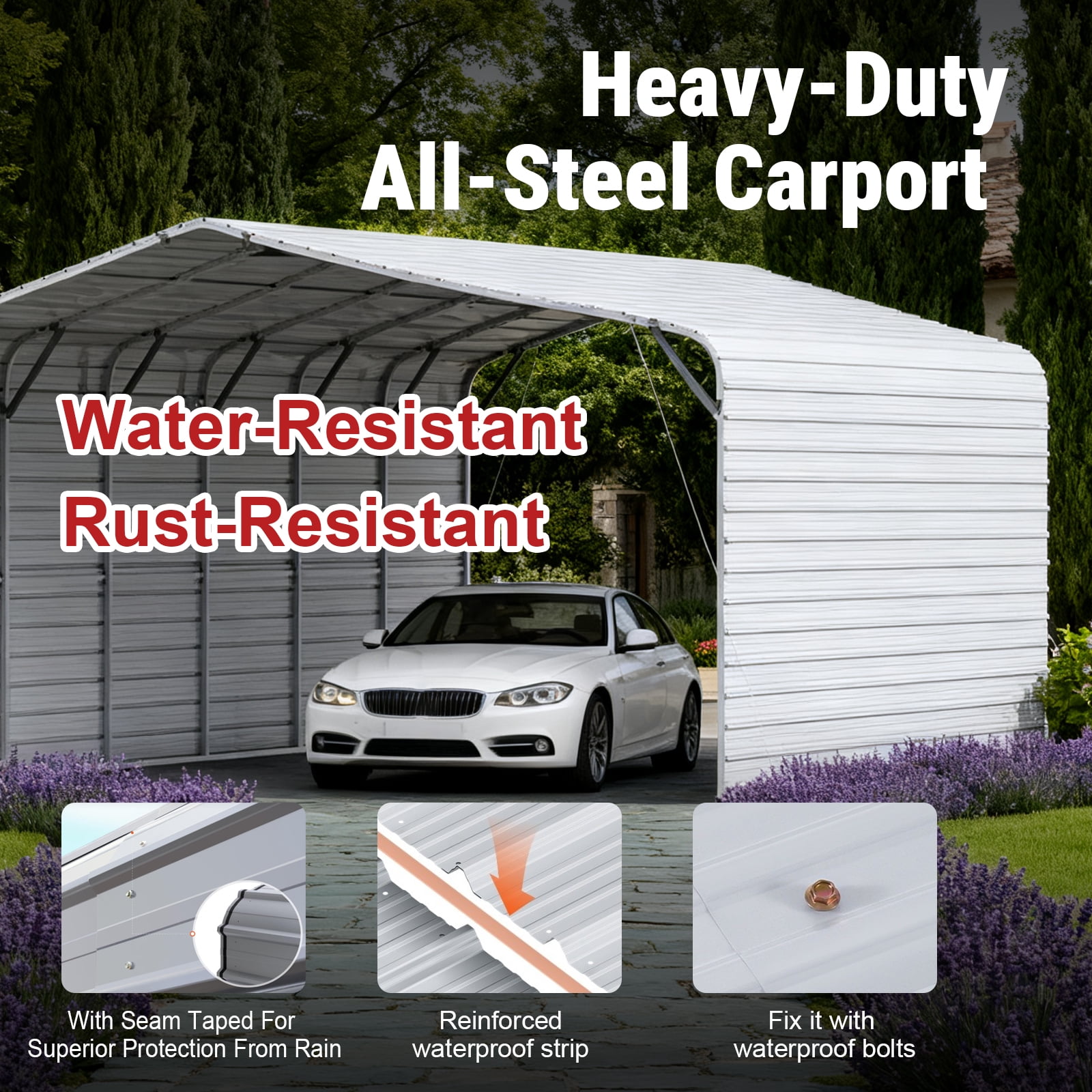 30x20FT Heavy-Duty Galvanized Metal Garage, All-Steel Enclosed Carport with Side Panels, Large Outdoor Vehicle Shelter and Car Shed for Trucks, SUVs, Boats & RVs, Steel Canopy Storage Building
