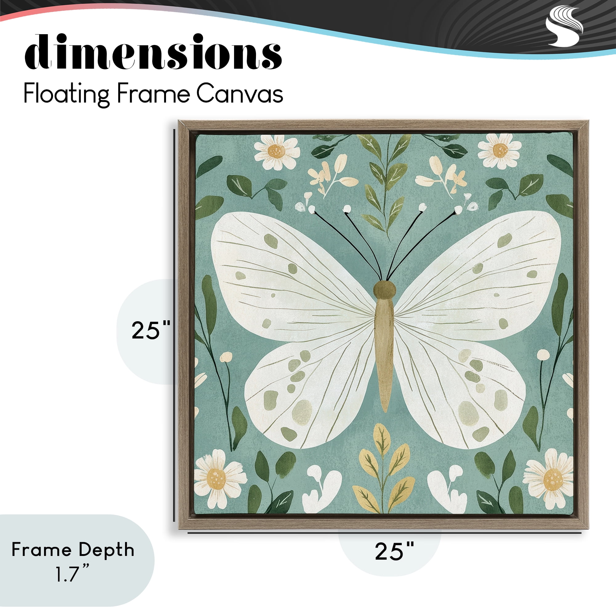 Stupell Industries Teal Butterfly Garden with Daisies Brown Framed Floater Canvas Wall Art, design by Petal Prints Design