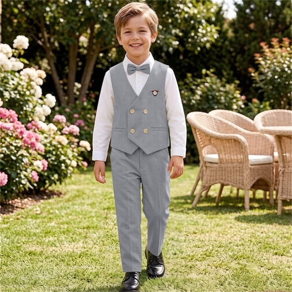 Toddler Boy Dress Clothes Suit Boys formal Wedding Outfit Set 0-12Y | 4-Piece Boys formal Suit Set: Vest, Bow Tie, Suspenders , Dress Pants for Ring Bearer Graduation Gray