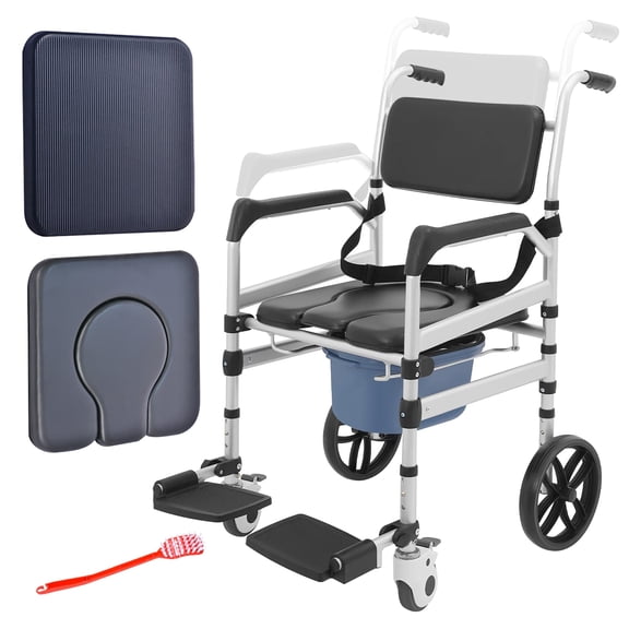 Foldable Shower Chair with Wheels, Rolling Shower Wheelchair & Bedside Commode Chair for Elderly and Disabled, Padded Seat Transport Chair, 330lbs Capacity