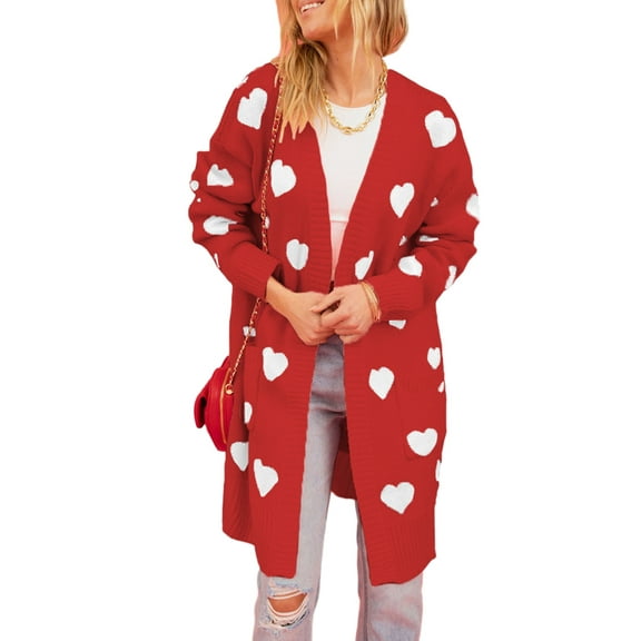 Arvbitana Women's Knit Long Cardigans Heart Print Long Sleeve Open Front Sweater Coat with Pockets Ladies Casual Warm Knitwear Outerwear for Streetwear