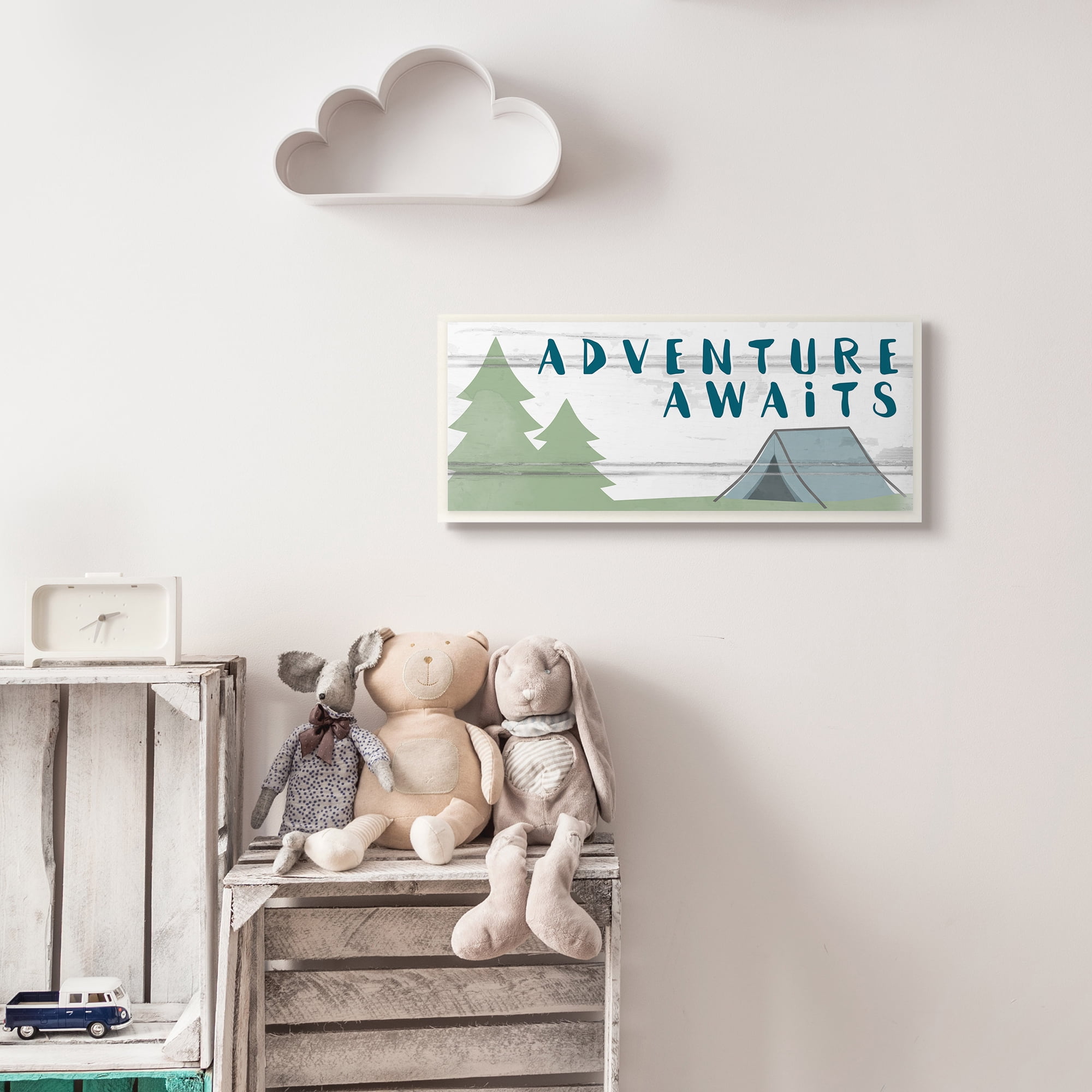 The Kids Room By Stupell Adventure Awaits Camping Scene with Trees Planked Look Sign Wall Plaque Art, 7 x 17