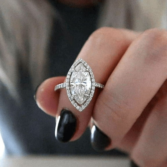 Forever Jewels 1.50Ct Marquise Cut Moissanite Women Halo Engagement Ring 14K White Gold Plated