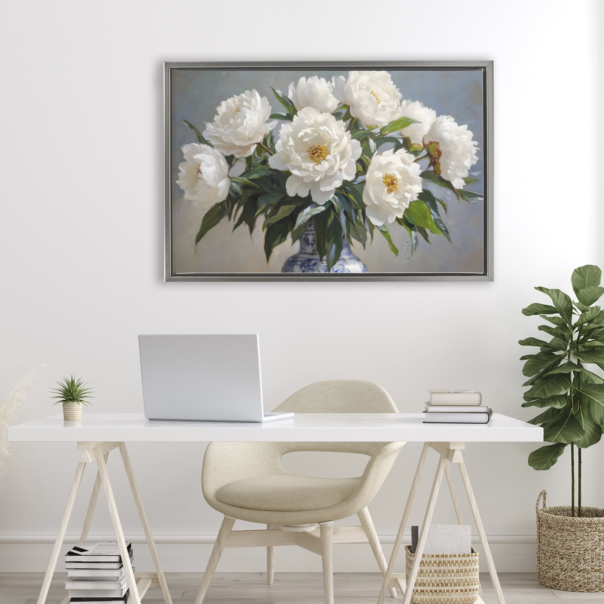 Stupell Industries In Full Bloom White Peonies Gray Framed Floater Canvas Wall Art, design by Petal Prints Design