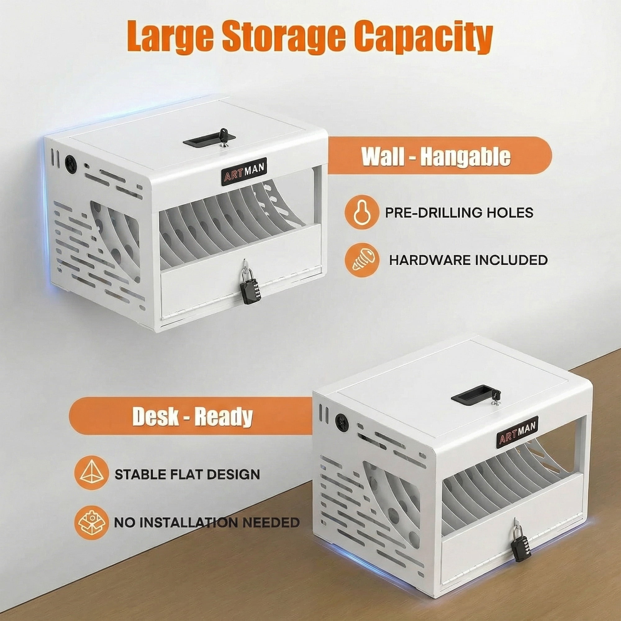 16-Device Charging Station for Laptops/Tablets, Charging Cabinet for iPad/Chromebooks/Laptop Computers, Laptop & Tablet Storage Carts for Classroom/Library/Office/Lockable, White