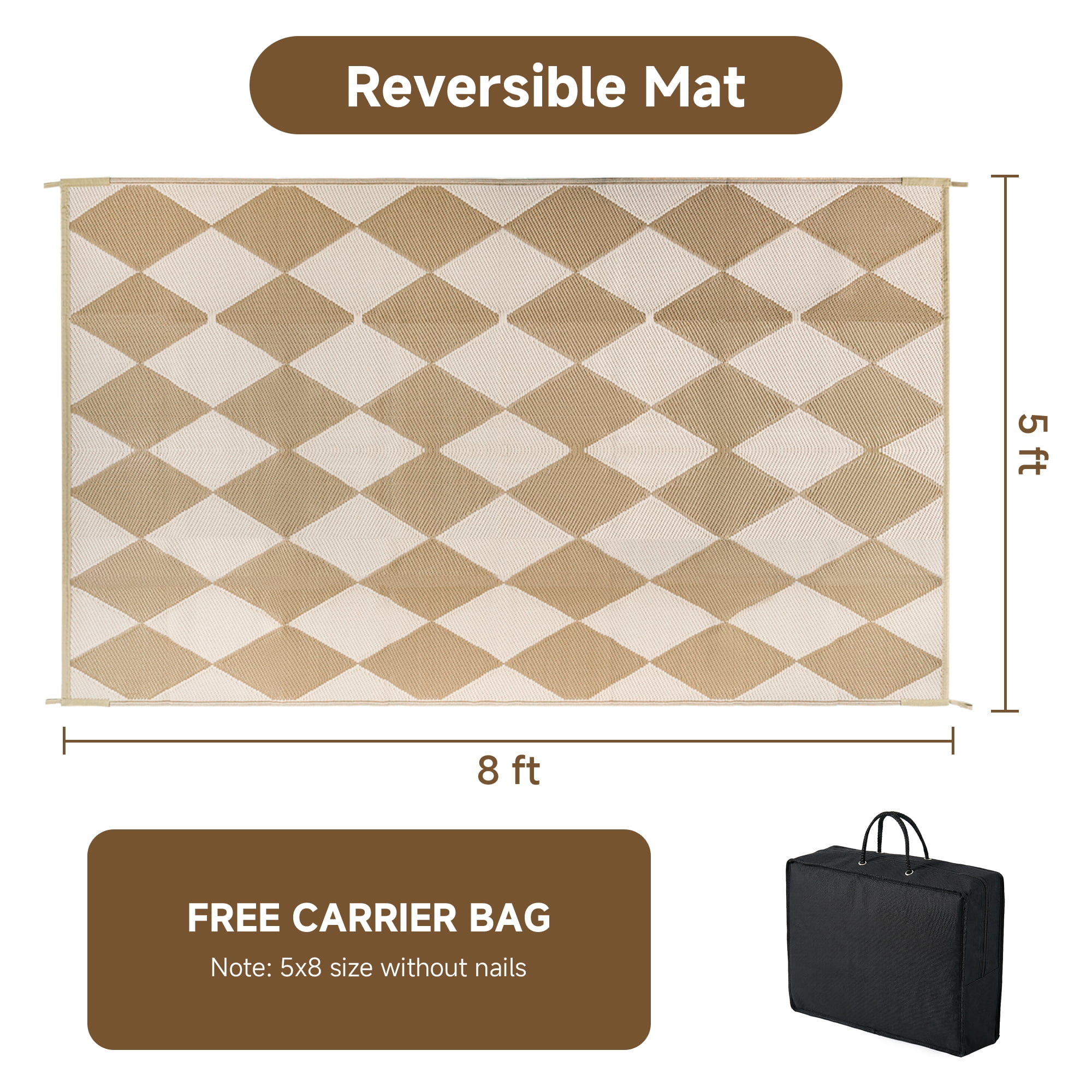 BERTHMEER 5'x8' Outdoor Rugs Waterproof Plastic Rugs Checkered Patio Rugs Straw Rugs Camping Rugs, Porch,Deck Rugs, RV Rugs for outside, Beige