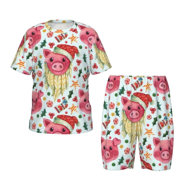 Balery Christmas Cute Pigs Conjunto de Pijama Infantil de Manga Corta con Estampado – Ropa de Dormir de Algodón Suave-Medium