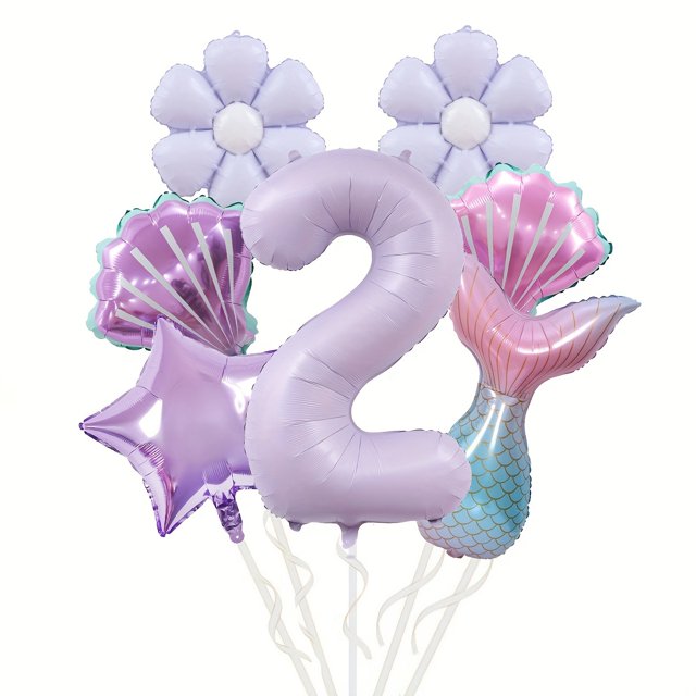 Set de globos con diseño de sirena, número 2, con cola de sirena, 7 unidades