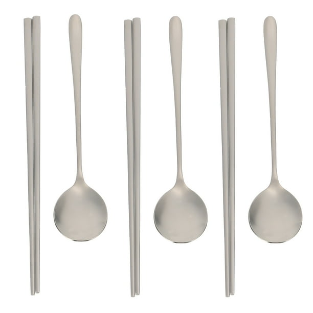 1 Set 6pcs Chopsticks y cucharas de acero inoxidable Kit de vajillas para el hogar (Plata)