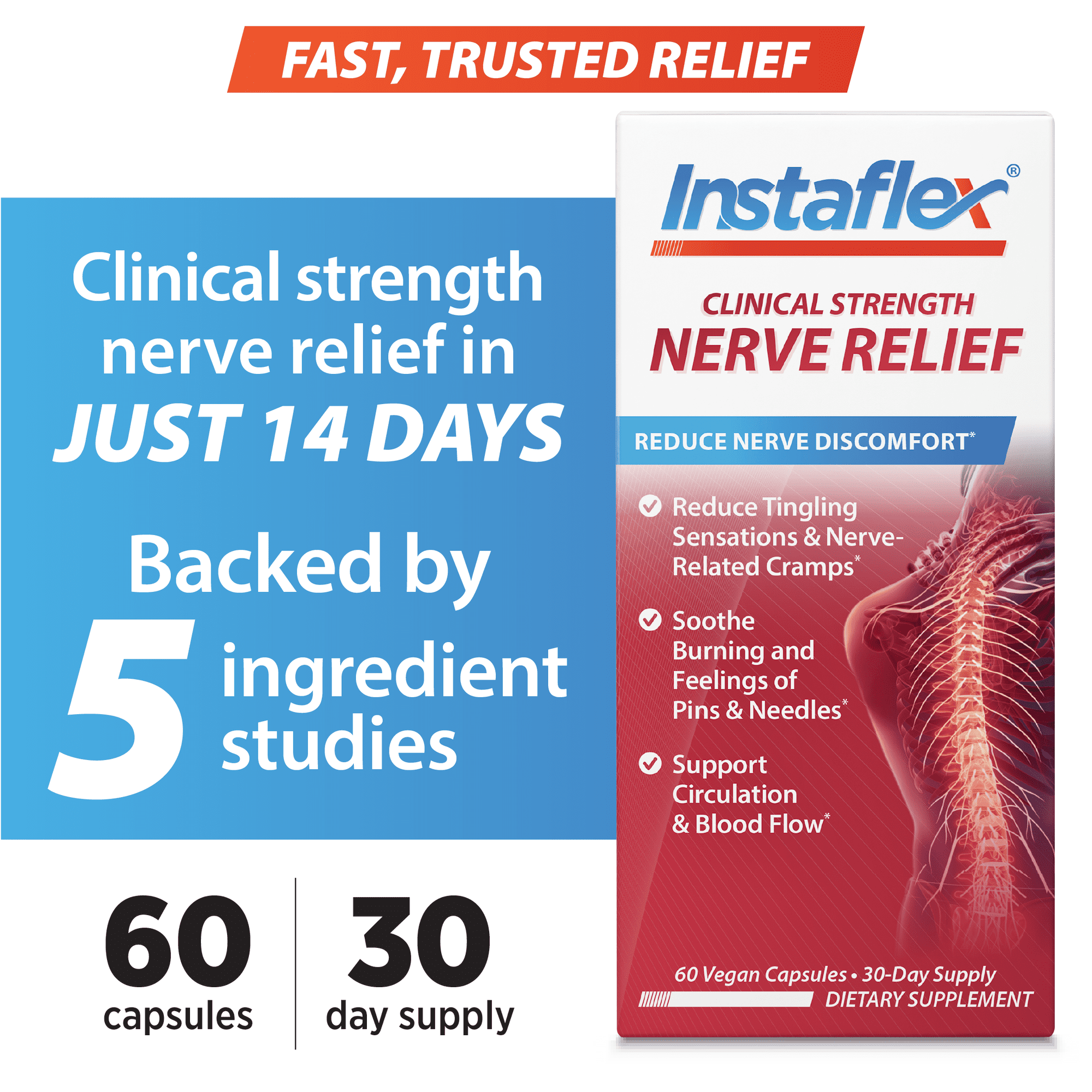 Instaflex® Clinical Strength Nerve Relief, Reduce Nerve Discomfort with Alpha Lipoic Acid, Vitamin B6, Vitamin B12, and Vitamin K2, 60 Vegan Capsules