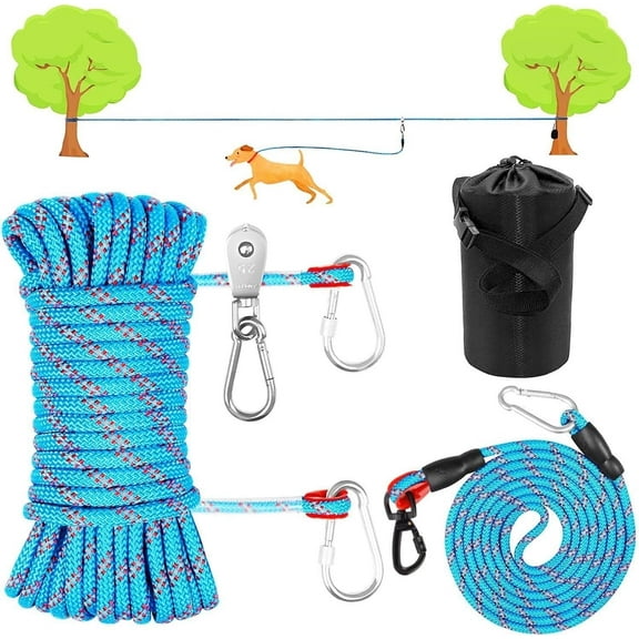 Gogcaro Dog Tie Out Cable for Camping 50 ft Reflective Tie-Out Cable with Dog Lead, Up to 150 lb, Blue