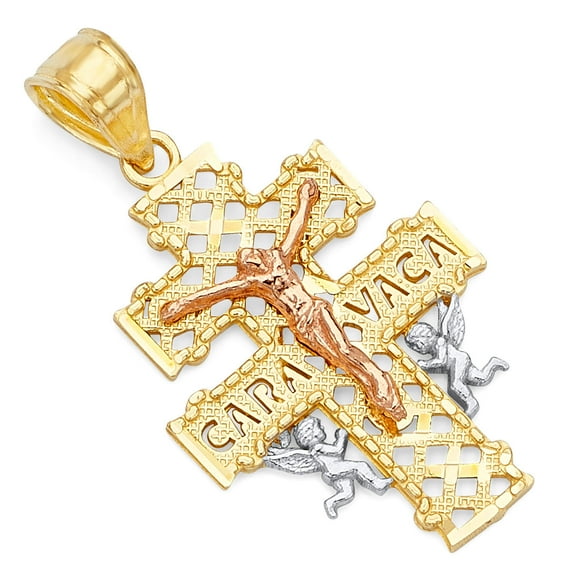 Wellingsale 14K Tri 3 Color Gold Polished Milgrain Ornate Religious Catholic Caravaca Crucifix Charm Pendant with Cherub Angel Accents