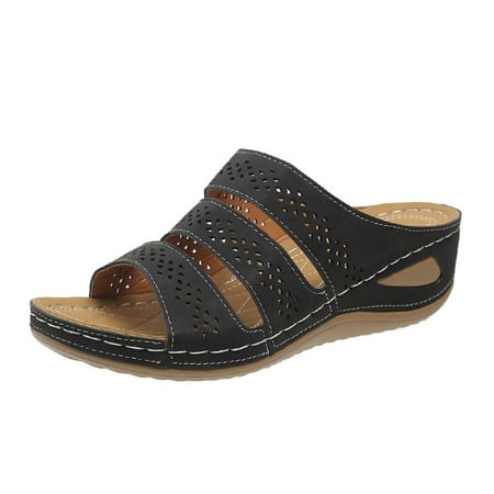 

Womens Orthotic Slides Comfort Plantar Fasciitis Arch Support Slip on Flat Sandals Ladies Soft Cushion Fashion Yoga Mat Slippers With Adjustable Straps Black 9.5