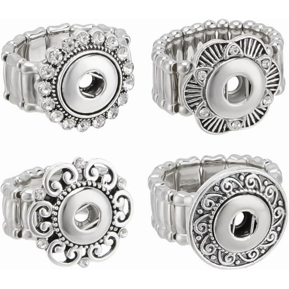 4 Styles Snap Buttons Rings Jewelry Adjustable Charms Metal Flower Snap Interchangeable Alloy DIY Finger Ring Charms for Women Jewelry Making Silver