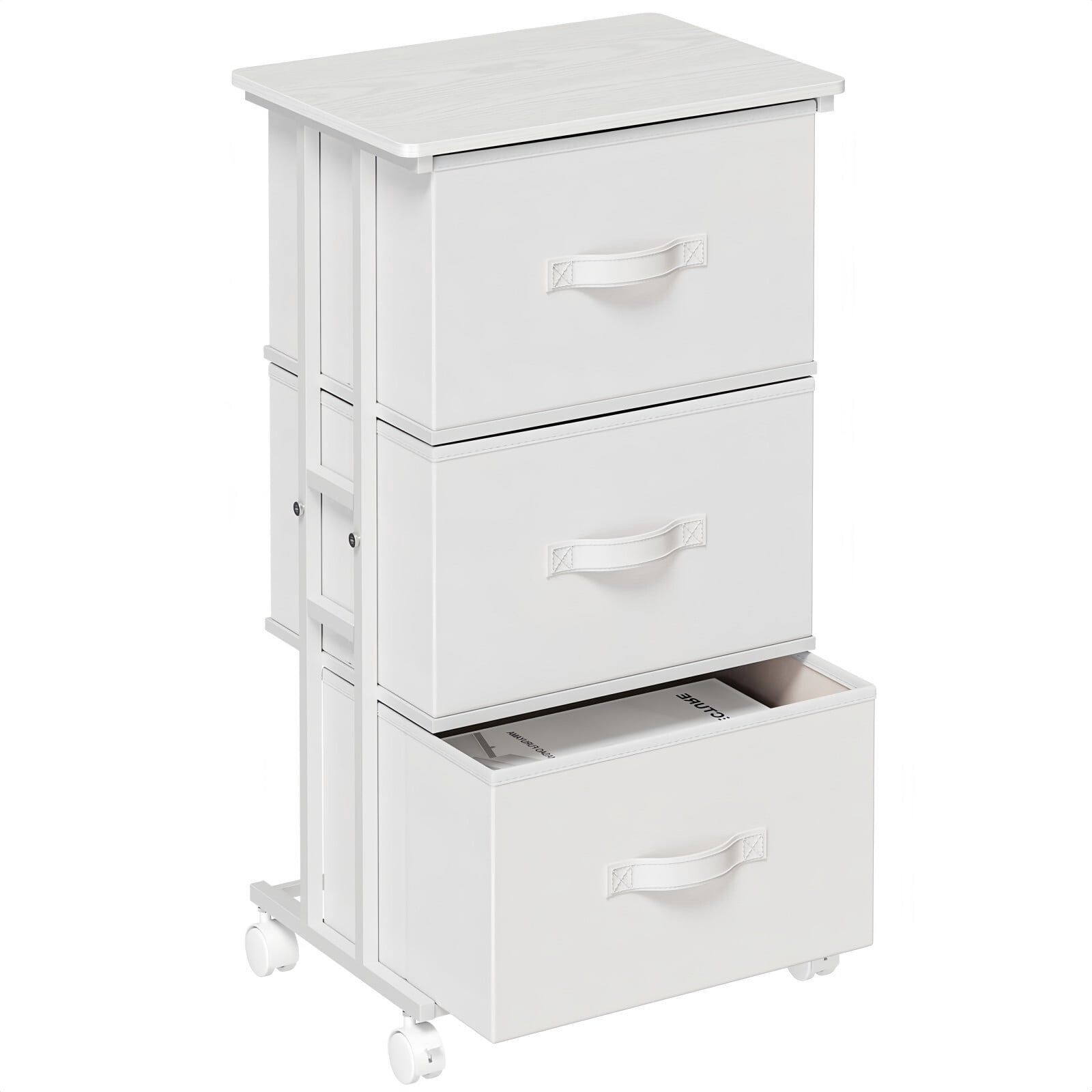 BEAUTYPEAK 3 Drawer Rolling Fabric Dresser Mobile Nightstand Storage Cabinet with Lockable Casters for Bedroom Closet Office, White