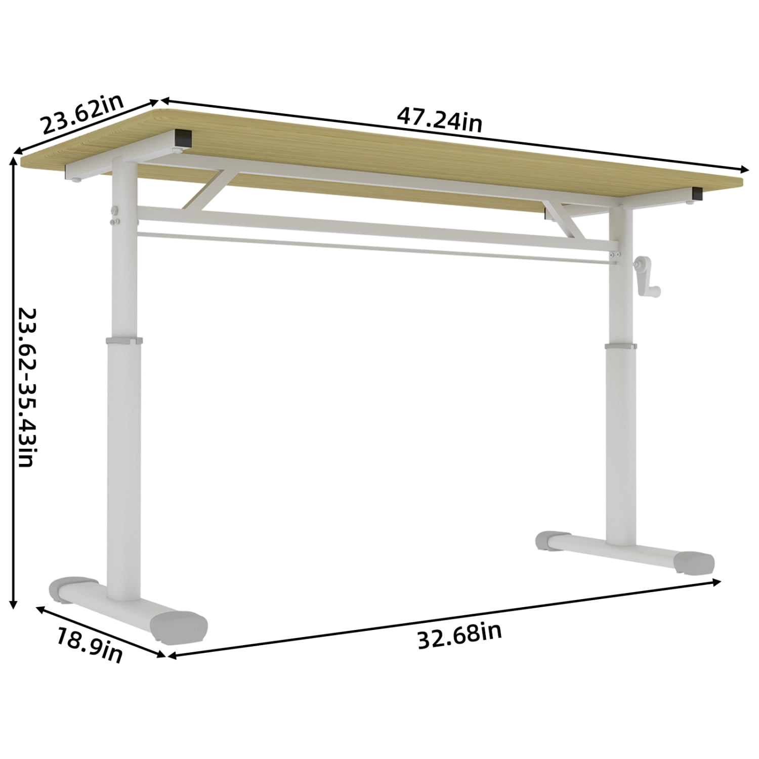 Lisonu Manual Height Adjustable Standing Desk, 47" Hand Crank Sit Stand Workstation, Ergonomic Home Office Computer Desk, Stable Iron & Wood Frame, White