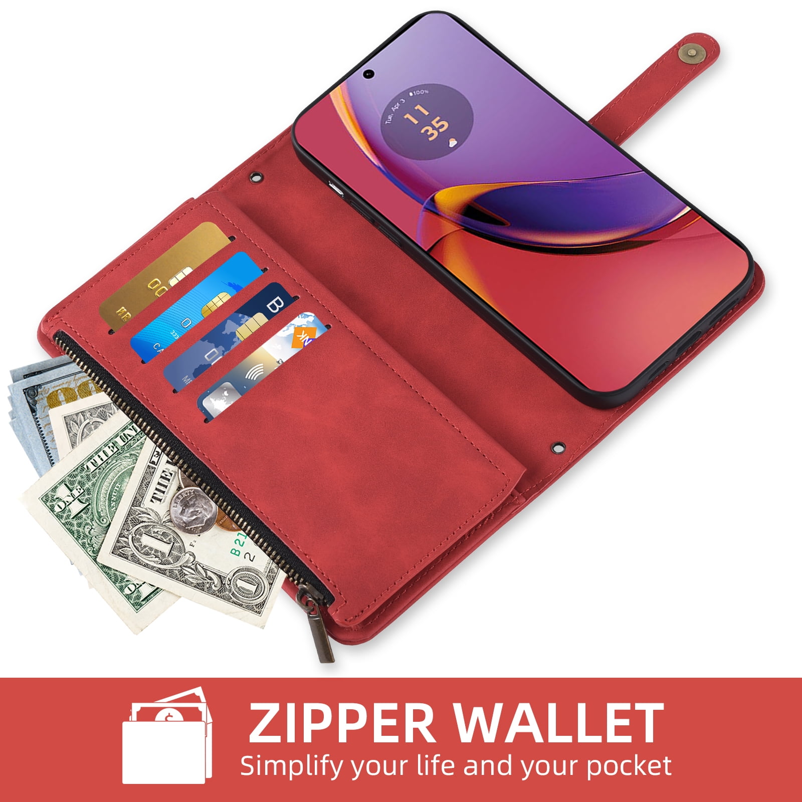 Asuwish Phone Case for Motorola Moto G84 5G Wallet Cover With Tempered Glass Screen Protector Crossbody Wrist Strap Flip Pattern Zipper Credit Card Holder Stand Slot Cell G 84 2023 Women Men Red
