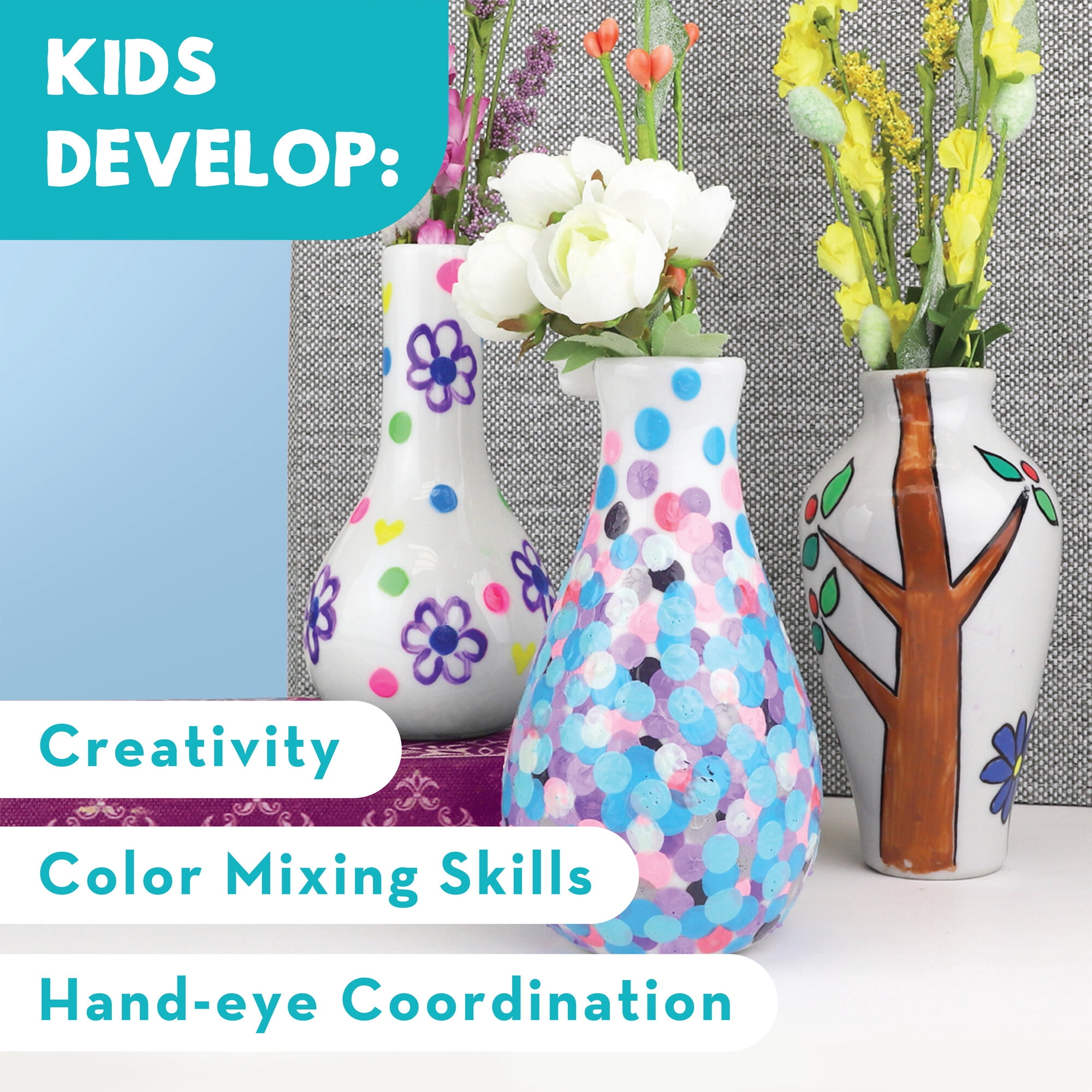 MindWare Paint Your Own Porcelain Vases, DIY Porcelain Vases Set of 3 for Kids