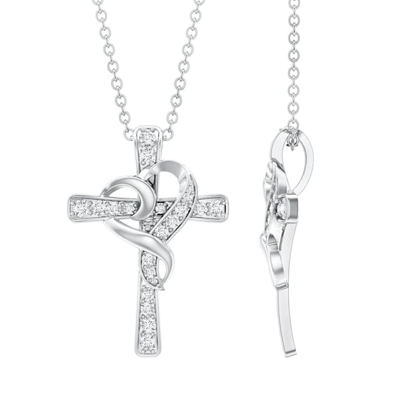 Rosec Jewels Lab Grown Diamond Cross Necklace with Heart (EF-VS Quality Diamond, Chain Included) - Ready to Gift for Christmas, 925 Sterling Silver