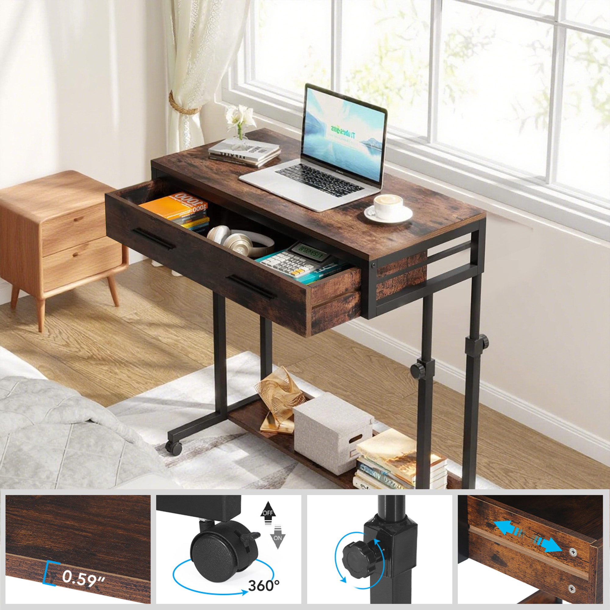 MAYEERTY 31.5" Mobile Side Table with Locking Wheels, Multifunctional Couch Desk for Home Office