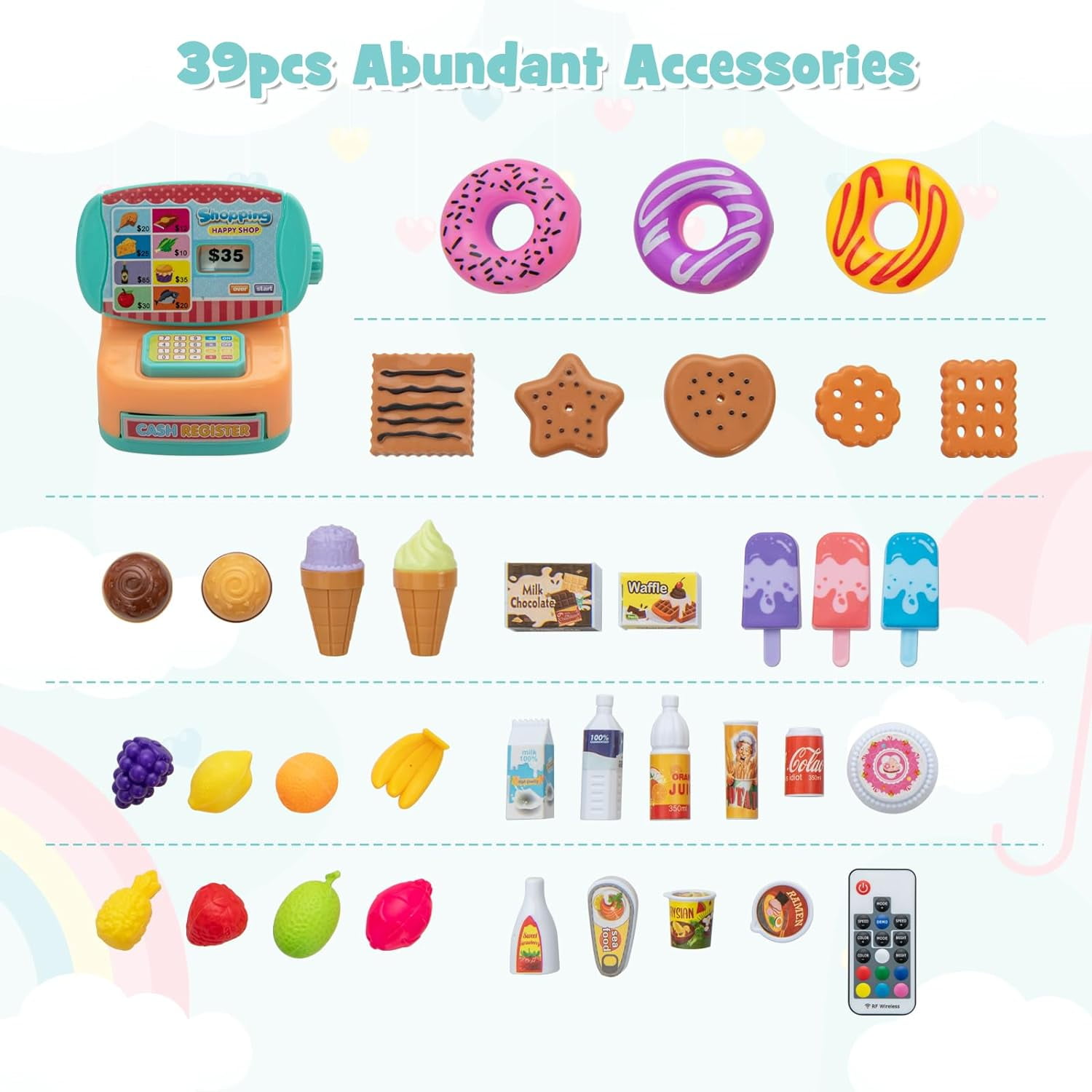 OLAKIDS Kids Grocery Store Playset, Wooden Pretend Play Supermarket with LED Lights Manual Conveyor Belt Play Food Accessories Blackboard Cash Register, Market Stand Toy for Toddler Boys Girls