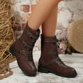 thumbnail image 4 of Rokment Vintage Buckles Mid Calf Combat Boots for Women 2025 Fall Winter Suede Leather Patchwork Low Heel Riding Short Booties Brown Size 9, 4 of 6