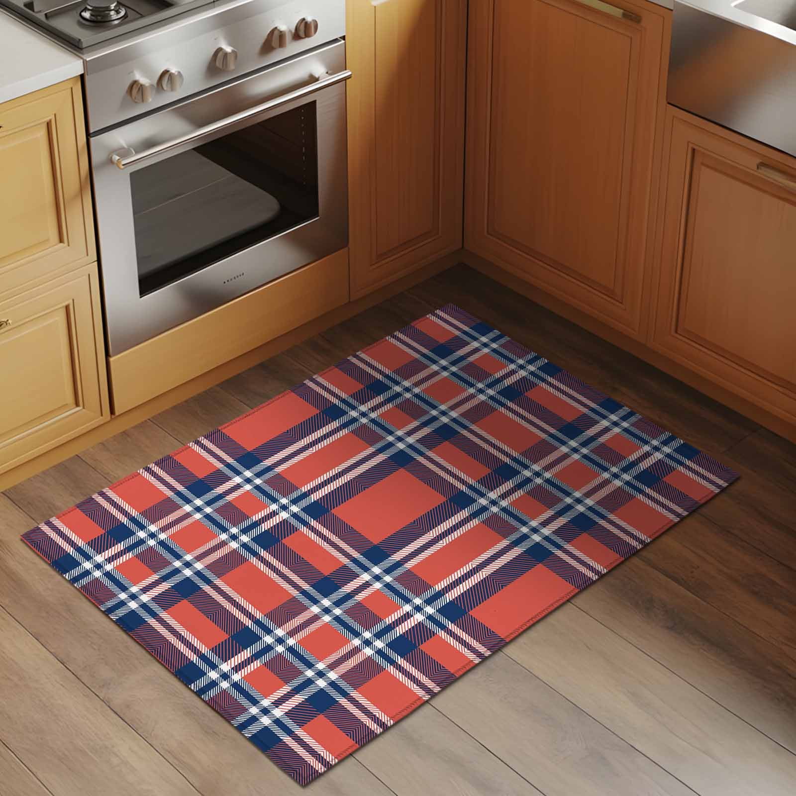 Orange Blue Bathroom Mats 2x3 FT, Non Slip Small Kitchen Mat, British Style Buffalo Plaid Lattice Washable Soft Backed Front Door Throw Rugs Non-Shedding Indoor Outdoor Doormat for Entryway Sink