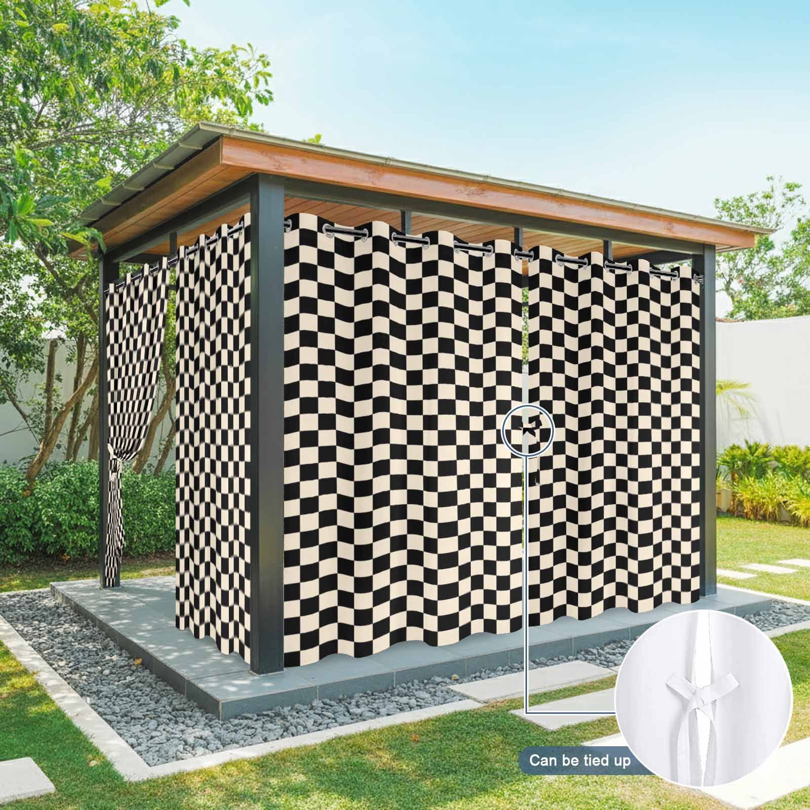 Black Beige Checkered Outdoor Curtains for Patio, Abstract Minimalist Plaid Sunshade Privacy Drapes Grommet Waterproof Outside Curtains for Porch/Cabana/Balcony 54"x 108", 1 Panel